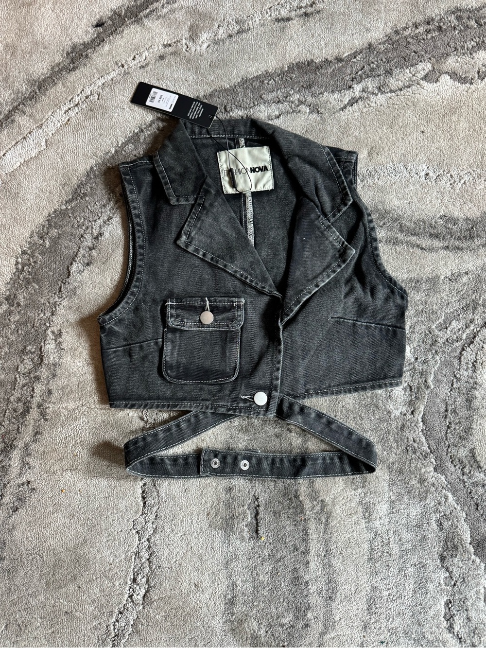 Fashion Nova Washed Black Cropped Denim Vest with Snap Waist Strap